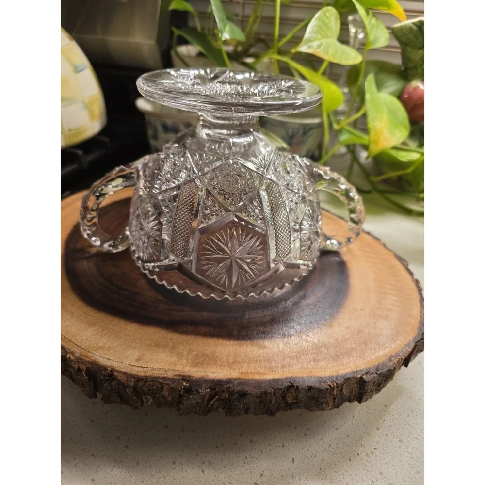 Vintage Pressed Glass‎ Pedestal Candy Dish Bowl Double Handle Cut Star Pattern